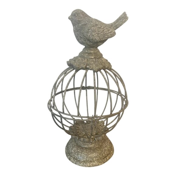 French Wire Metal Bird Cage Decor, Sparrow Topper & Pedestal Design Opens 8.75" - Picture 2 of 8